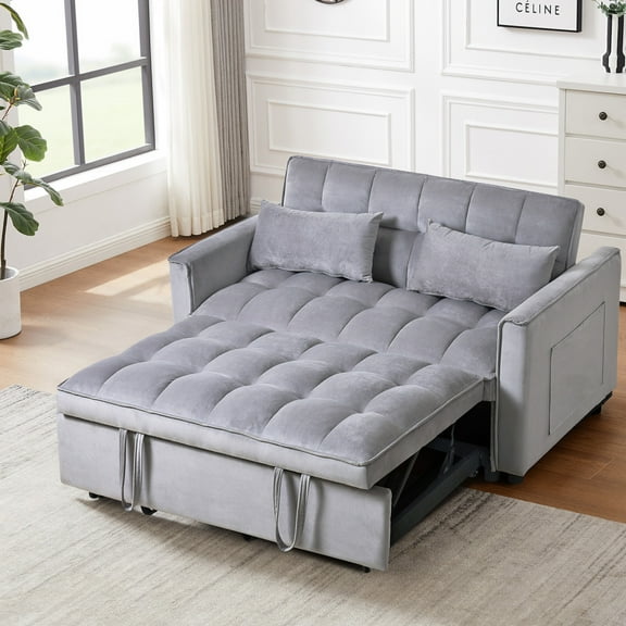 Holaki 3 in 1 Convertible Sleeper Sofa Bed,Modern Pull Out Couch Bed,Adjustable Backrest,Velvet Loveseat Futon Sofa with Pillows & Pockets for Living Room Apartment,Grey/Black/Blue,63"x52.75"x31.1"