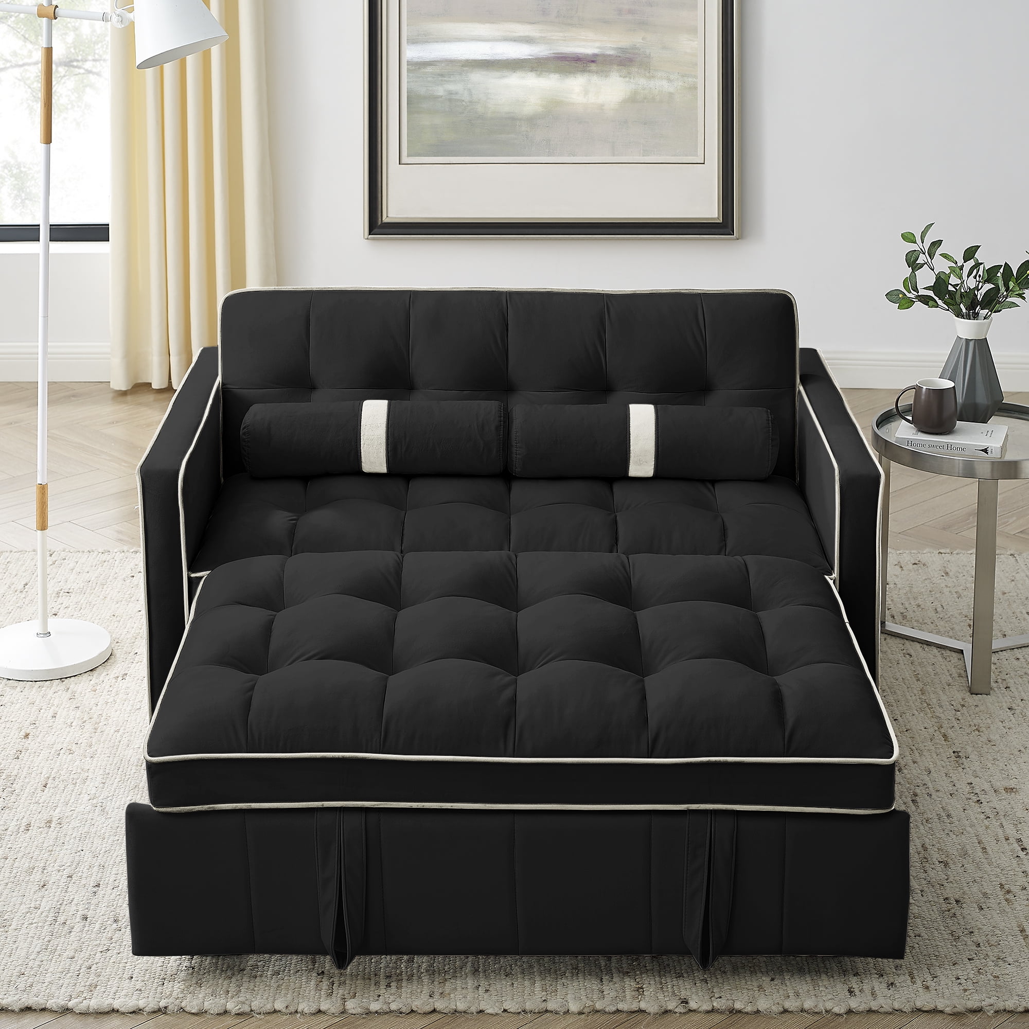 Black Velvet Convertible Sleeper Sofa with Storage and Pillows