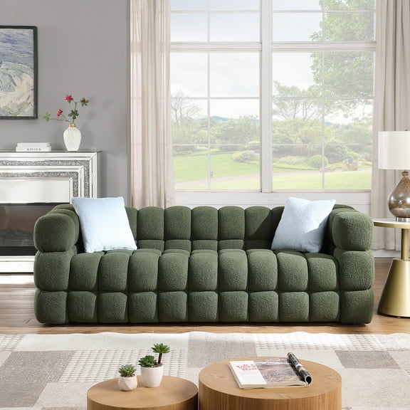 Holaki 3 Seater Sofa, 84.3" Modern Large Marshmallow Sofa with Boucle Arm, Olive Green