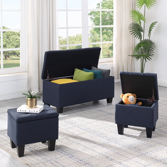 Holaki 3 in 1 Large Storage Ottoman Bench Set, Combination Tufted Ottoman Linen Bench for Living Room, Entryway, Hallway, Bedroom, Dark Blue