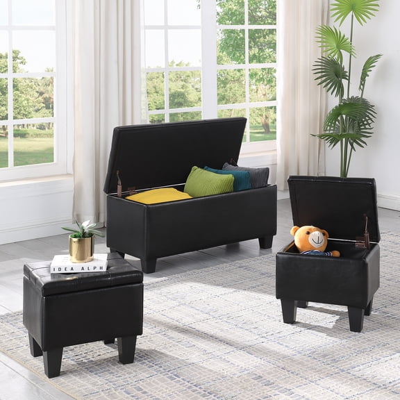 Holaki 3 in 1 Large Storage Ottoman Bench Set, Combination Tufted Ottoman PU Bench for Living Room, Entryway, Hallway, Bedroom, Black