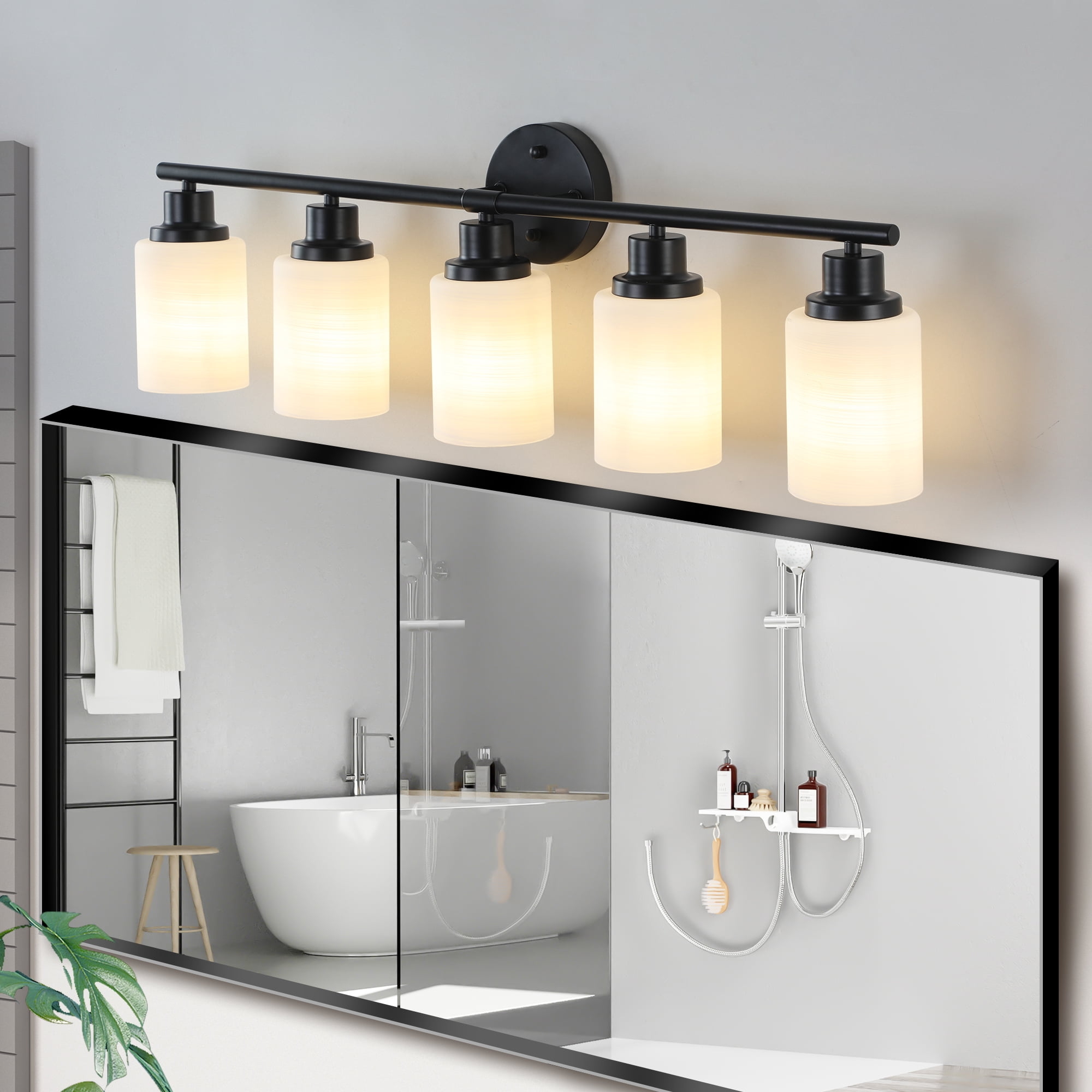 Holaki 31" Modern 5-Light Vanity Bathroom Mirror Light, Frosted White Glass with Black Iron Frame, Contemporary Wall Sconce for Bedroom, Bathroom, and Dressing Room (E26, No Bulbs Included)