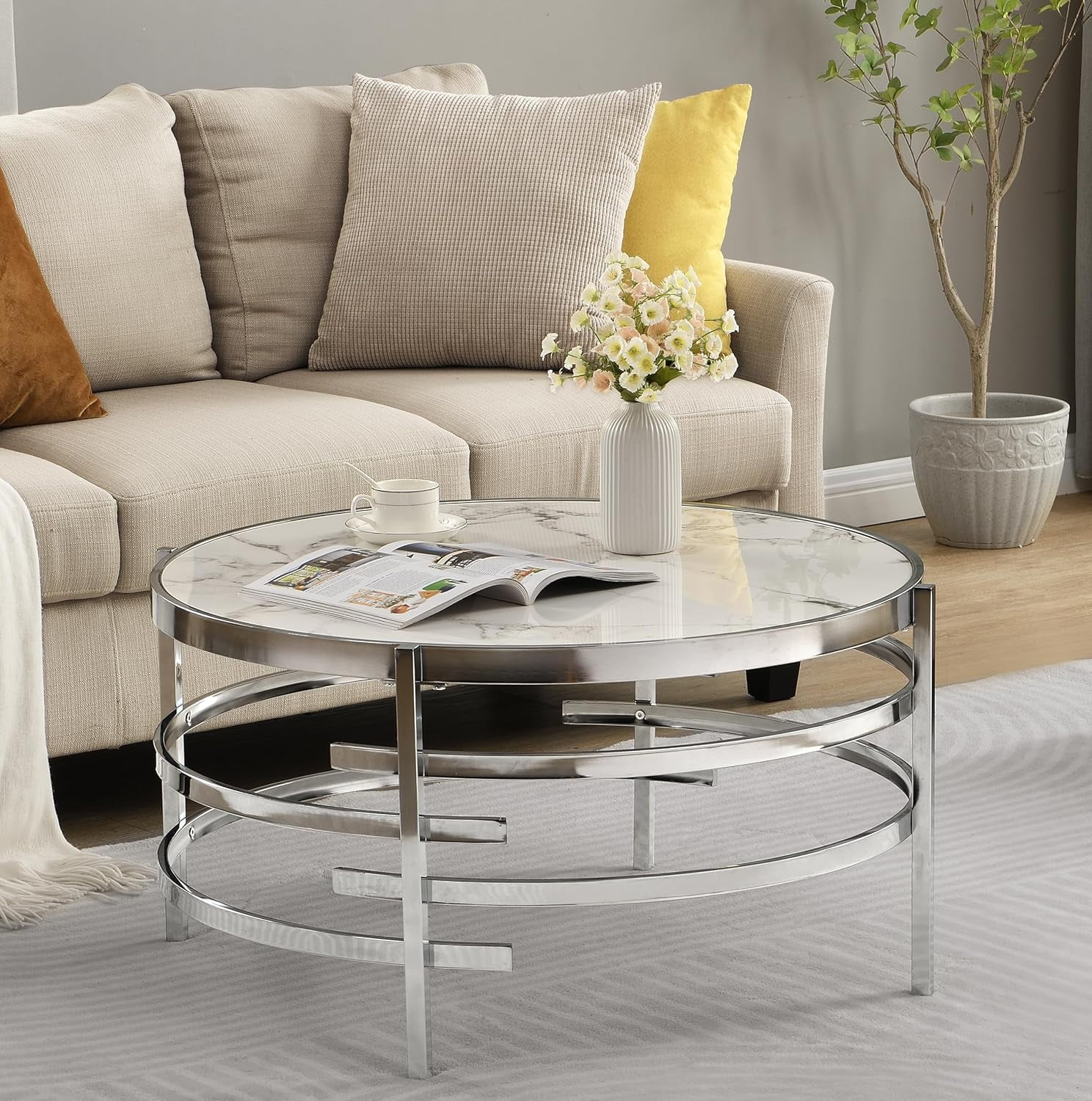 Holaki 32.5" Round Coffee Table with Sintered Stone Top & Sturdy Metal