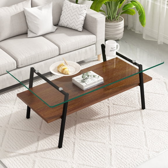 Holaki 38.58'' Rectangle Coffee Table Double Layer Glass Coffee Table for Living Room Office,Metal Frame & Clear Glass & Walnut Wood Top,Simple Center Cafe Table Cocktail Table for Home