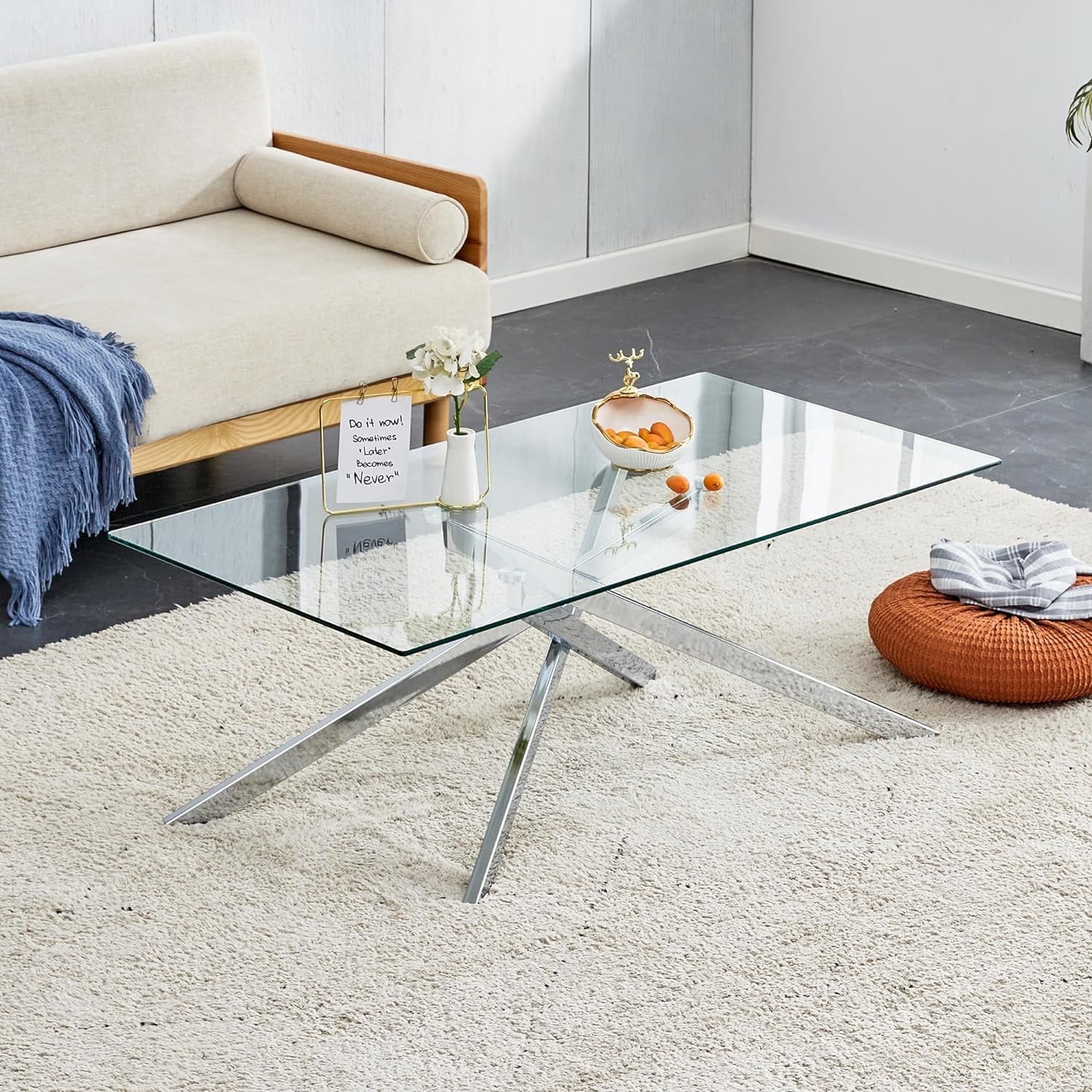 Glass Coffee Table, Holaki 39.4" Clear Rectangle Glass Coffee Table, Modern Coffee Table with Metal Legs, Center Table Sofa Table Home Furniture for Living Room