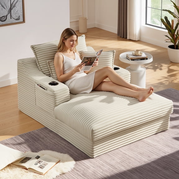 68" Oversized Chaise Lounge Chair Indoor, Holaki Corduroy Upholstered Boneless Sofa Bed with 2 Cup Holder & Throw Pillow, Comfy Cloud Sofas Couch for Living Room, No Assembly Required, Camel