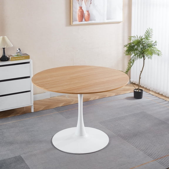 Holaki 42.1" Round Dining Table with MDF Top & Metal Tulip Pedestal Frame for Kitchen, Living Room, Bedroom, Oak