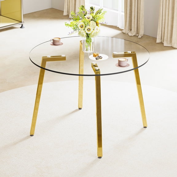 Holaki 42" Round Dining Table with Tempered Glass Tabletop Modern Minimalist Kitchen Table Glass Table with Metal Legs for Kitchen,Dining Room,Restaurants Golden