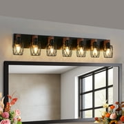 Holaki 44" Industrial Vintage 7-Light Wall Sconce - Black Cage Wall Lighting Fixture with Wooden Accents for Bathroom, Hallway, or Living Room (Bulb Not Included)
