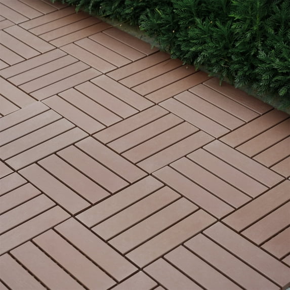 Holaki 44 pcs 12*12 inch Patio Deck Tiles, Interlocking Decking Tiles, Floor Tile, for Porch Poolside Balcony Backyard, Polypropylene, Brown+Smooth Vertical Lines