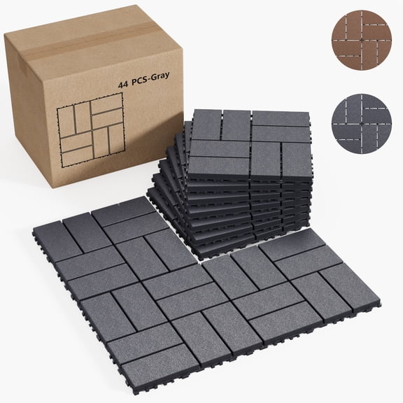Holaki Interlocking Deck Tiles, 44 Pcs, 12 x 12 in, Polypropylene, Gray Lines Square Panel