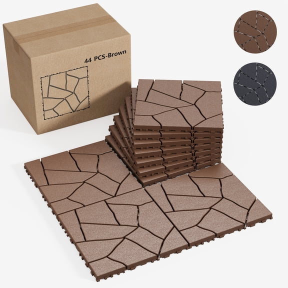 Holaki Interlocking Deck Tiles, 44 Pcs, 12 x 12 in, Polypropylene, Brown Stone Style