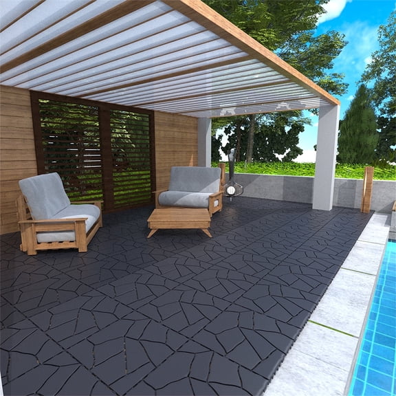 Holaki Interlocking Deck Tiles, 44 Pcs, 12 x 12 in, Polypropylene, Gray Stone Style