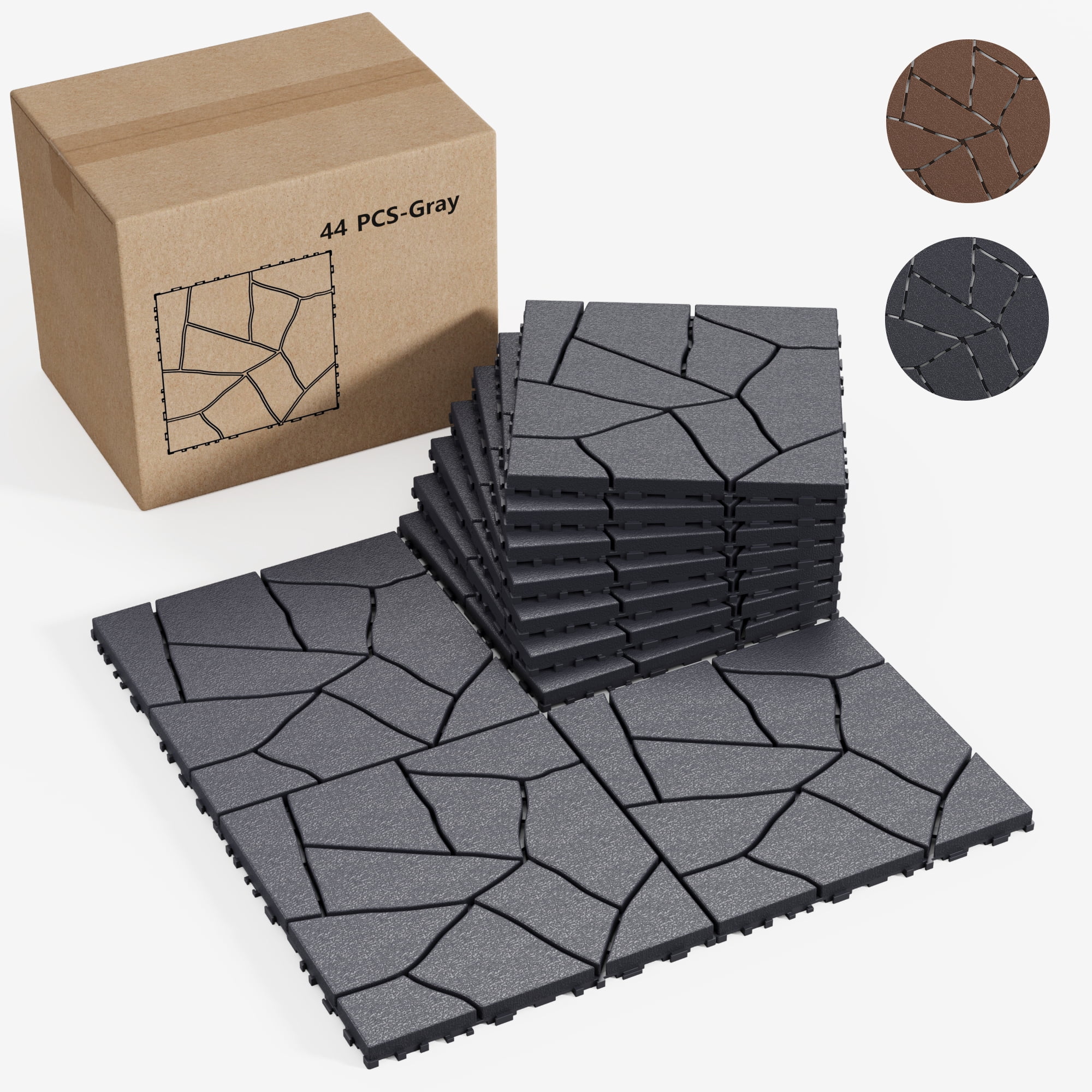 Holaki Interlocking Deck Tiles, 44 Pcs, 12 x 12 in, Polypropylene, Gray Stone Style