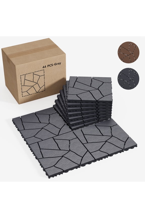 Interlocking Deck Tiles, 44 Pcs, 12 x 12 in, Polypropylene, Gray Stone Style