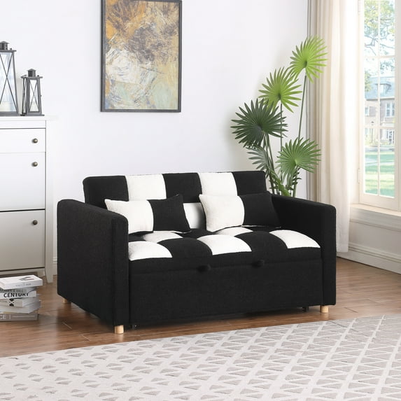 Holaki 45 x 68 Small Teddy Convertible Loveseat, 3 in 1 Sleeper Sofa Couch Bed, Futon Sofa Pull out Bed with Adjustable Backrest, 2 Pillows, Black+White