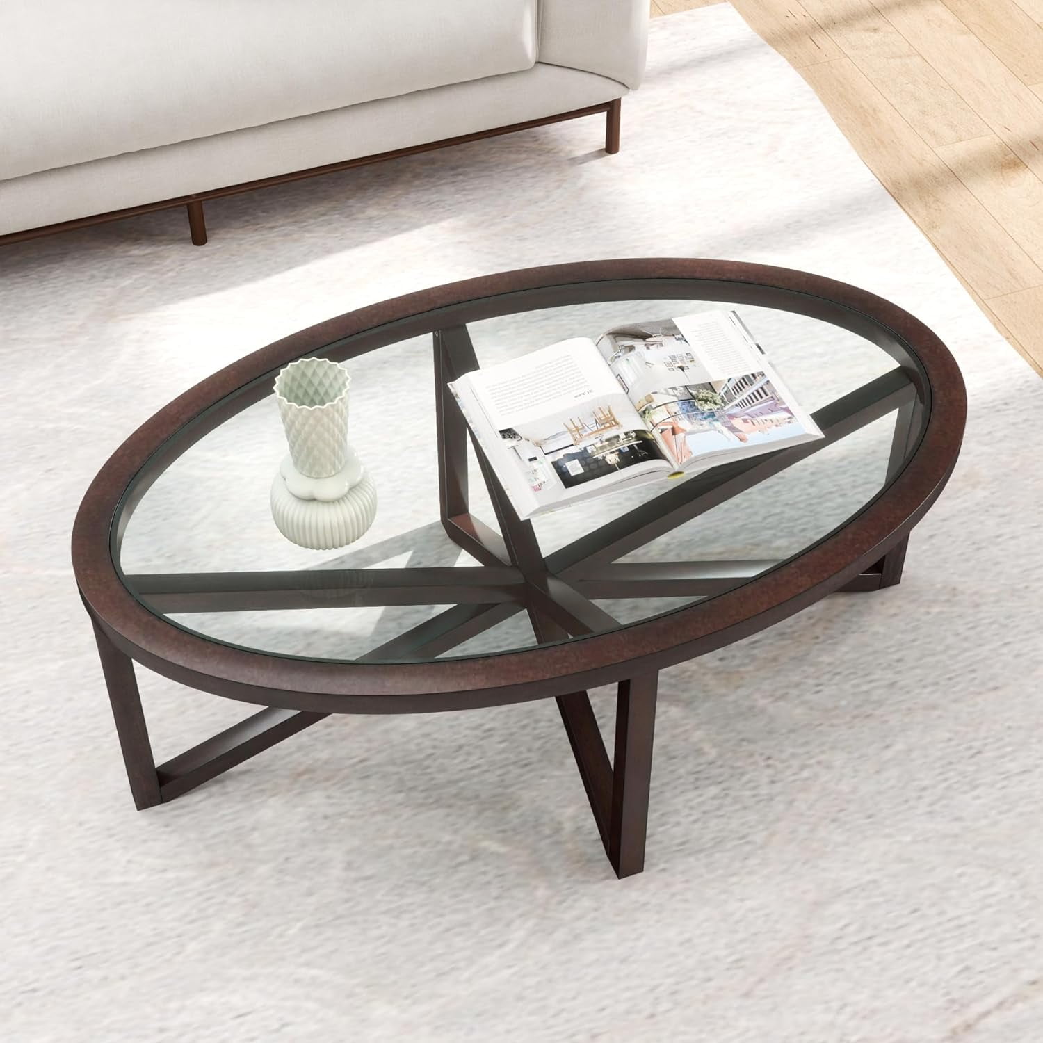 Holaki 46" Round Glass Coffee Table,Black Circle Coffee Table with ...
