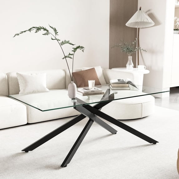 Glass Coffee Table, Holaki 47.2" Clear Rectangle Glass Coffee Table, Modern Coffee Table with Metal Legs, Center Table Sofa Table Home Furniture for Living Room