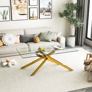 47.2" Rectangular Glass Coffee Table, Holaki Modern Tempered Glass Kitchen Table with Sturdy Metal Legs, Center Table Sofa Table for Living Room Small Space, Gold