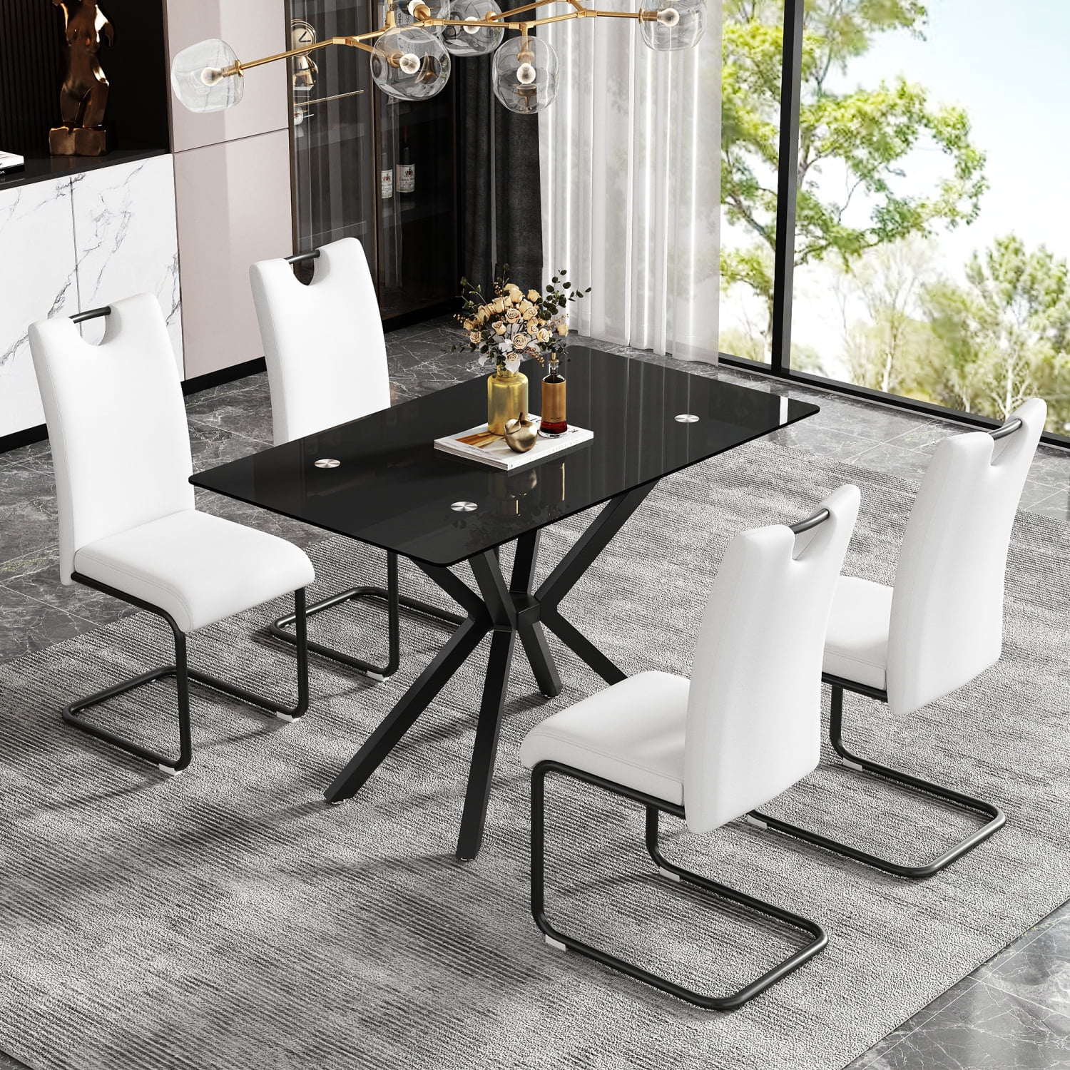 Holaki 47.24" Rectangular Black Tempered Glass Dining Table, Coffee ...