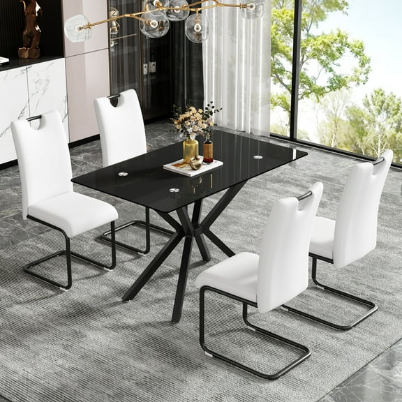 Holaki 47.24" Rectangular Black Tempered Glass Dining Table, Coffee Table with Black Metal Legs, Kitchen Table for Dining Room