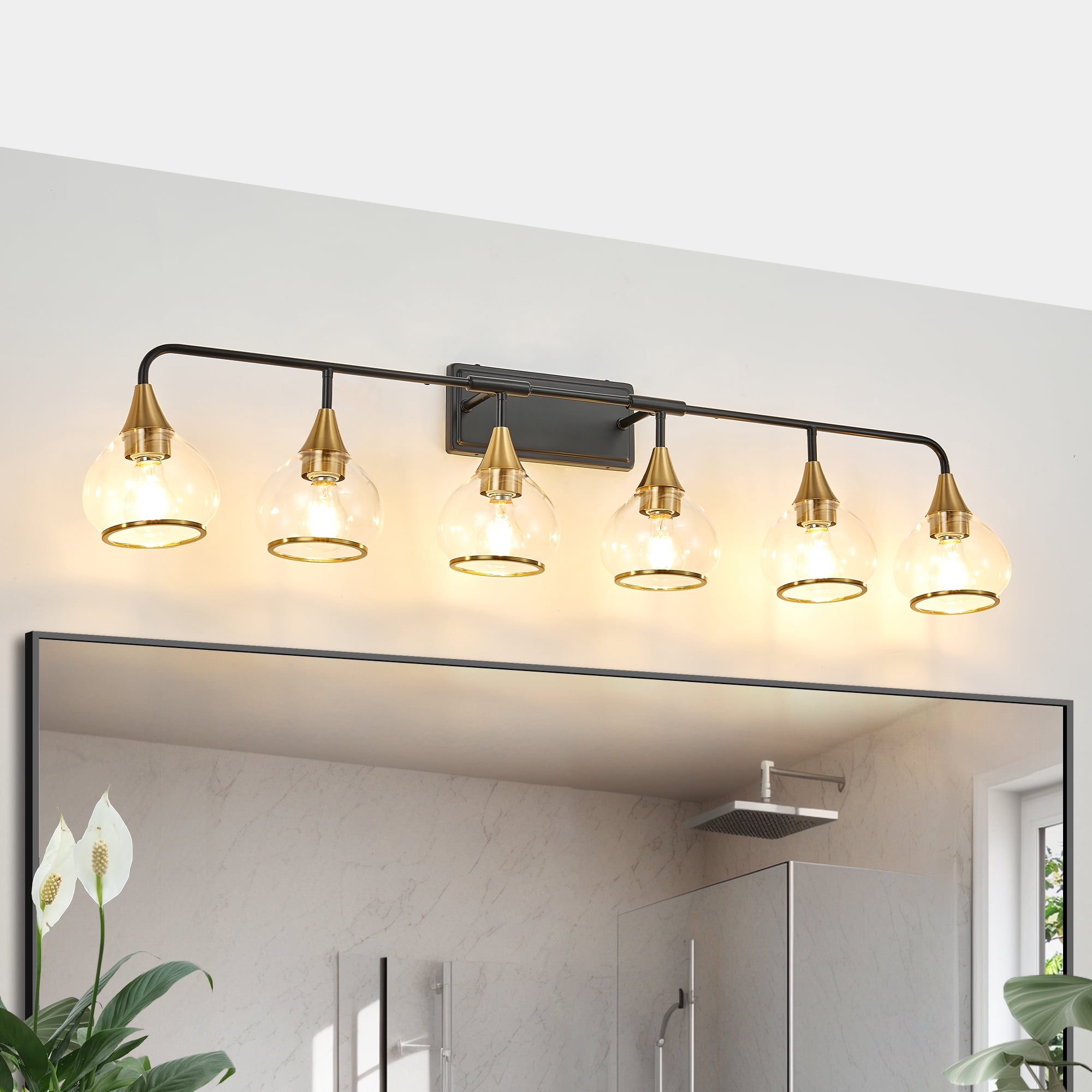 Holaki 48" Modern 6-Light Vanity Wall Sconce - Black and Gold Bathroom Light Fixture with Clear Glass Shades, Industrial Wall Mounted Lamp for Mirror, Vanity, and Living Spaces (Bulb Not Included)