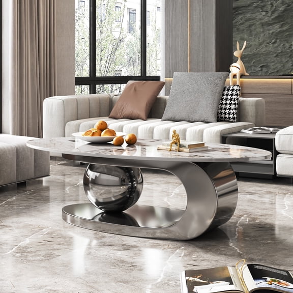 Holaki 49.2" Oval Coffee Table, Modern Faux Marble Coffee Table with Sintered Stone Tabletop, Large Unique Center Table with Gold Stainless Steel Base for Living Room, Gray