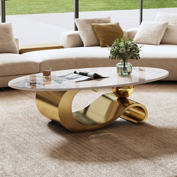 Holaki 49.2" Oval Coffee Table, Modern Faux Marble Coffee Table with Sintered Stone Tabletop, Large Unique Center Table with Gold Stainless Steel Base for Living Room, Gold