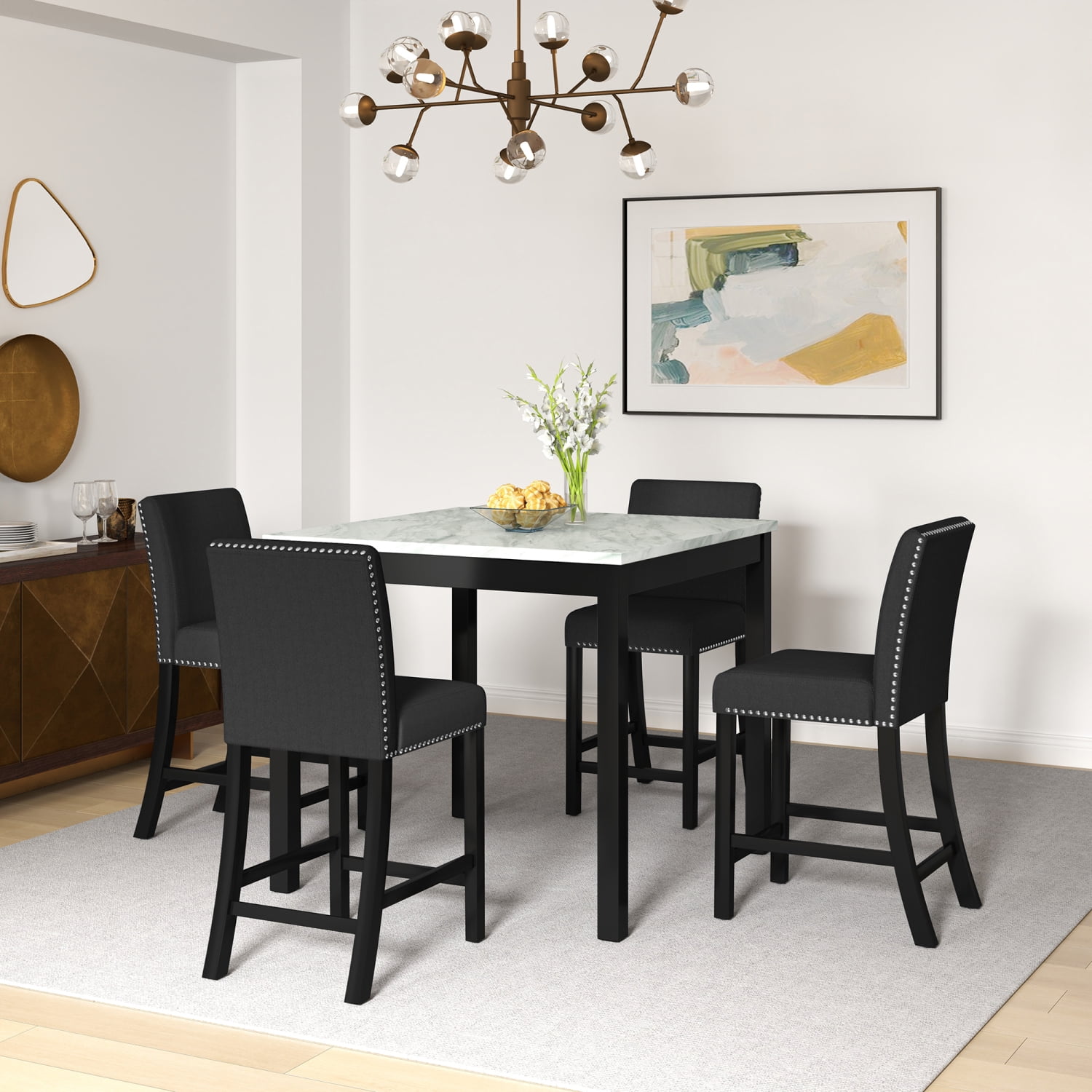 Modern Black Velvet Upholstered Dining Set with Gray Table