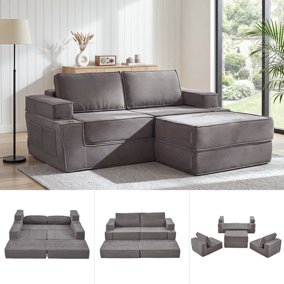 Holaki 75" Convertible Sofa Bed, L-Shaped Boneless Loveseat Couch for Living Room, Modular Sectional Sofa with Movable Ottoman, Modern Corduroy Floor Couch with Cup Holders & Pockets, Gray