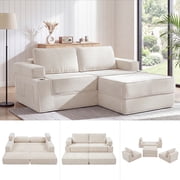 Holaki 75" Convertible Sofa Bed, L-Shaped Boneless Loveseat Couch for Living Room, Modular Sectional Sofa with Movable Ottoman, Modern Corduroy Floor Couch with Cup Holders & Pockets, White