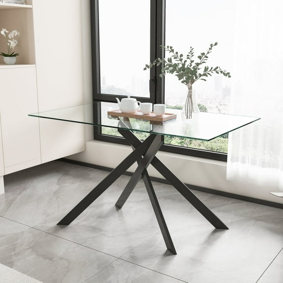 51.18" Rectangular Glass Dining Table, Holaki Modern Tempered Glass Kitchen Table with Sturdy Metal Legs, Dinning Room Table for Home Dinner, Black