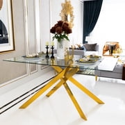 51.18 Rectangular Glass Dining Table, Holaki Modern Tempered Glass Kitchen Table with Sturdy Metal Legs, Dinning Room Table for Home Dinner, Gold