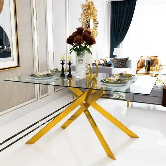 51.18" Rectangular Glass Dining Table, Holaki Modern Tempered Glass Kitchen Table with Sturdy Metal Legs, Dinning Room Table for Home Dinner, Gold