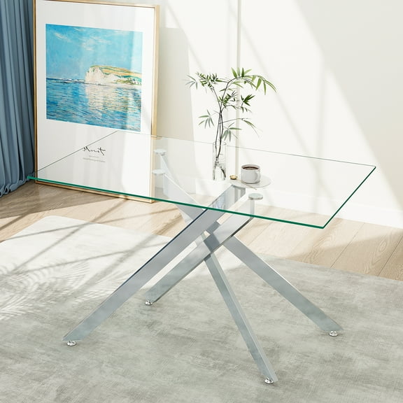 51.18" Rectangular Glass Dining Table, Holaki Modern Tempered Glass Kitchen Table with Sturdy Metal Legs, Dinning Room Table for Home Dinner, Silver