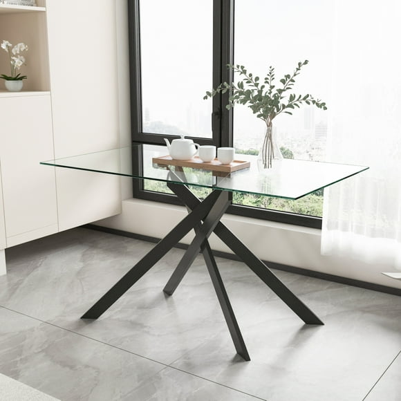 Holaki 51.18 "rectangular transparent tempered glass dining table, fashionable design, black metal legs, dining table
