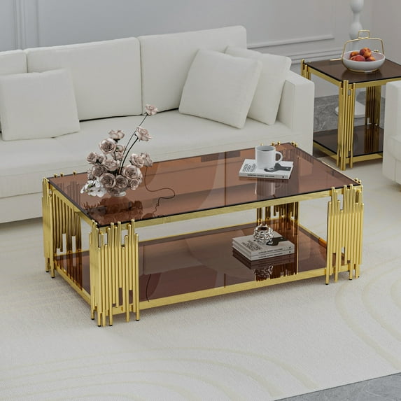 Holaki 51" Modern Luxury Gold Coffee Table for Living Room, Large Rectangle Brown Tempered Glass Center Table with Stainless Steel Frame & Double-Layer Storage