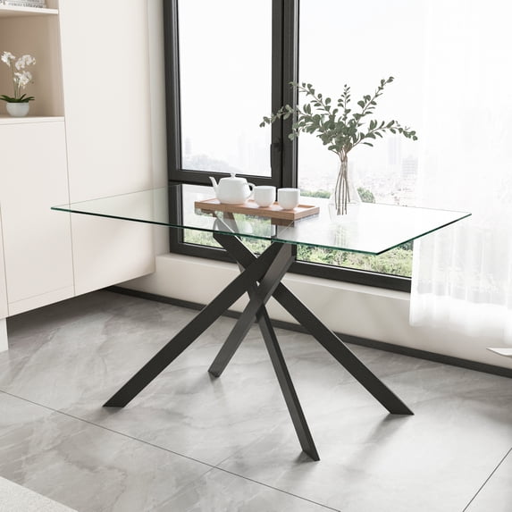 Holaki 51" Rectangle Dining Table for 4 5 6 People,Modern Dining Table with Black Chrome Metal X-Shaped Legs,Glass Dining Table Large Kitchen Table Family Dinner Table for Home Office Living Room