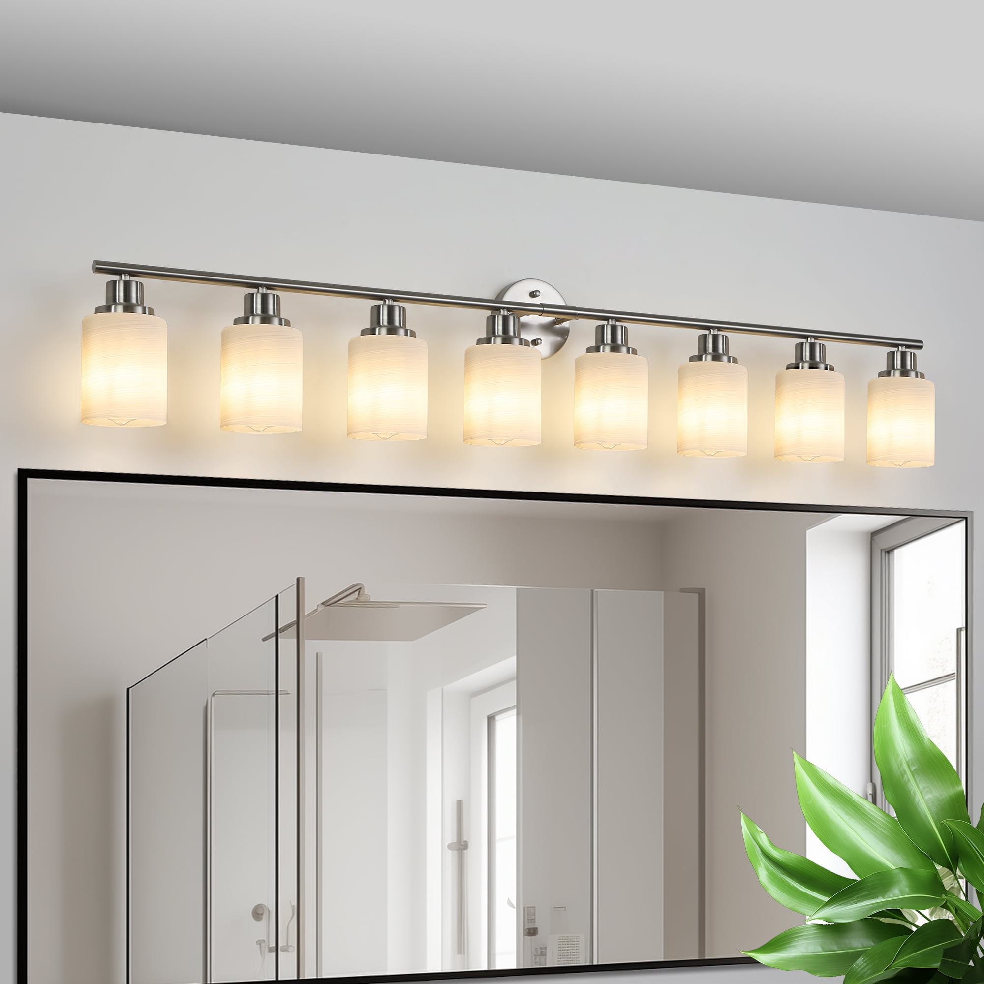 Holaki 52" Modern 8-Light Vanity Wall Sconce, Brushed Nickel Finish with Frosted Glass Shades for Bathroom or Hallway Lighting (E26, No Bulbs Included)
