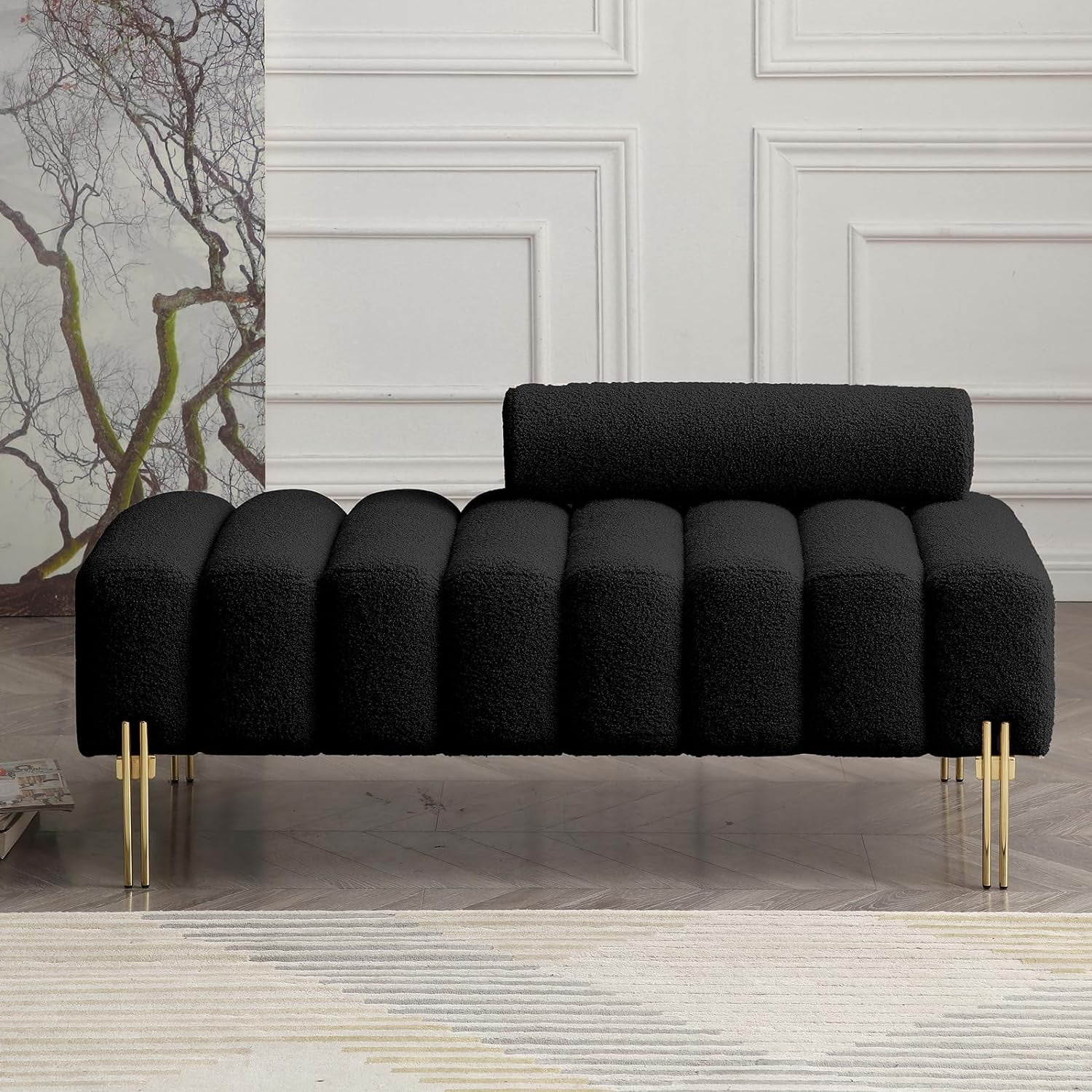 Holaki 53.2 Modern End of Bed Bench Sherpa Fabric Upholstered 2 Seater Sofa Couch Entryway Ottoman Bench Fuzzy Sofa Stool Footrest Window Bench with Gold Metal Legs for Bedroom Living Room Black