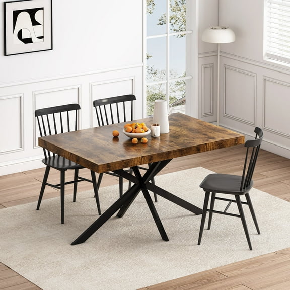 Holaki 55.11" -70.86"Retro Rectangular Stretch Dining Table, Antique Wood Top And Black Relief Plate, Black Fine Sand Cross Iron Foot Base Dining Table, With Storage Box.