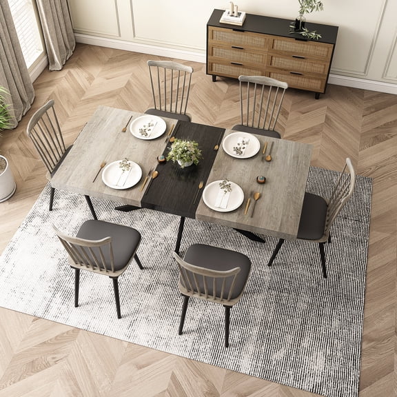 Holaki 55.11'' -70.86"Retro Rectangular Stretch Dining Table, Grey Carole Top With Black Embossed Center Plate, Black Fine Sand Cross Iron Foot Base Dining Table, With Storage Box.