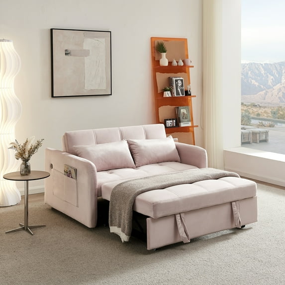 Holaki 55.5" Twins Pull Out Sofa Bed, Convertible Sleeper Loveseat with USB Socket, Pink Velvet