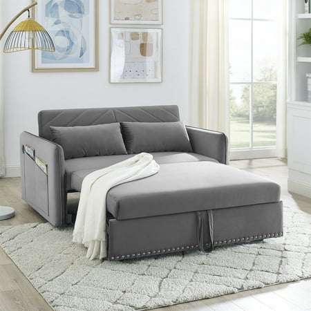 Holaki 55" Loveseat Sleeper Sofa Bed,Convertible Sleeper Sofa Couch, Velvet Fabric Futon Couches for Living Room with USB Port,Side Pocket,Adjustable Backrest,Pillow,Gray