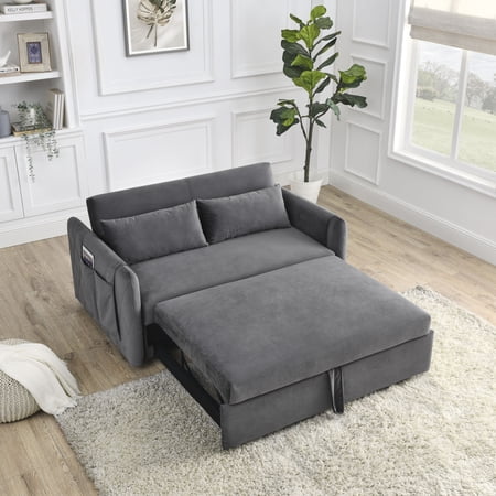 Holaki 55" Modern Convertible Sofa Bed with 2 Detachable Arm Pockets, Velvet Loveseat Sofa with Pull Out Bed, 2 Pillows and Living Room Adjustable Backrest, Grid Design Armrests