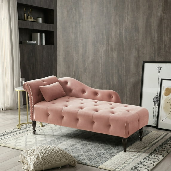 Holaki 60.6" Velvet Chaise Lounge Buttons Tufted Nailhead Trimmed Solid Wood Legs with 1 Pillow,Rose