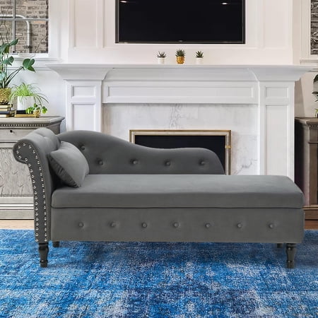Holaki 60" Velvet Multifunctional Storage Chaise Lounge Buttons Tufted Nailhead Trimmed Solid Wood Legs with 1 Pillow, Gray