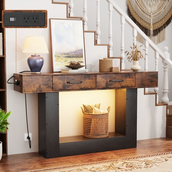 63 Inch Long Console Table, Holaki Wooden Rectangular Entry Table with 2 Storage Drawers, Farmhouse Sofa Table Behind The Couch with Outlet for Entrance Living Room Hallway, Rustic Brown
