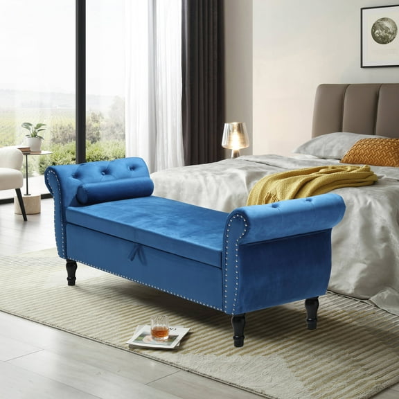 Holaki 63" Velvet Multi-functional Storage Bench Rectangular Sofa Stool Buttons Tufted Nailhead Trimmed Ottoman Solid Wood Legs with 1 Pillow, Blue