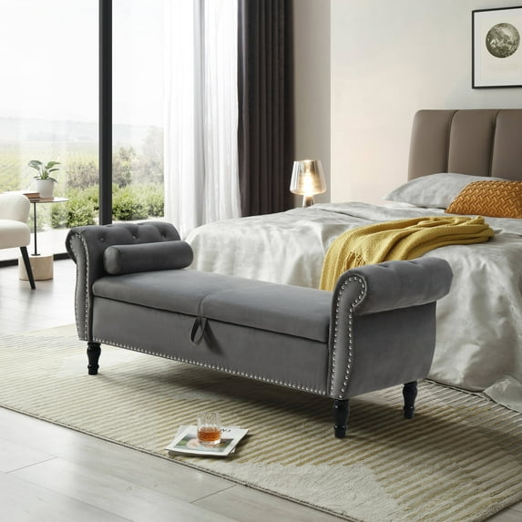 Holaki 63" Velvet Multi-functional Storage Rectangular Sofa Stool Buttons Tufted Nailhead Trimmed Solid Wood Legs with 1 Pillow, Grey